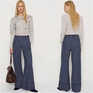 Reformation Pants Small Navy White Striped Poplin Wide Leg Fernando Quiet Luxury
